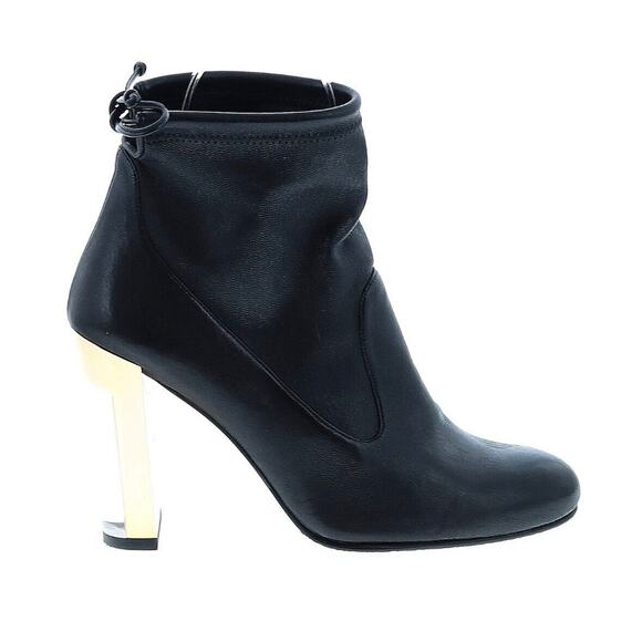 Stuart Weitzman Black Leather Ankle Boot Lucite Gold Block Heels Tie Back Size 9 - Picture 7 of 9